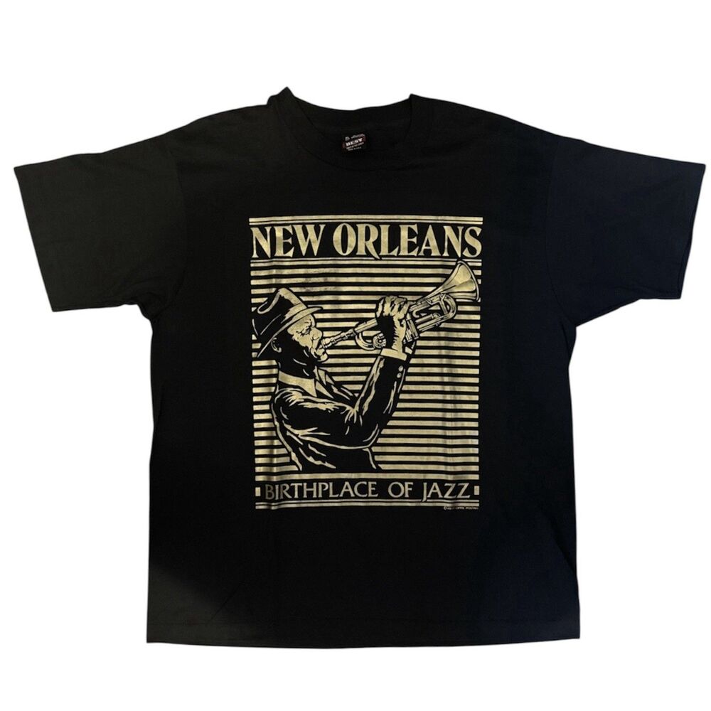 VTG New Orleans Jazz T Shirt Sz XL Black Foil Print Single Stitch USA made 90s